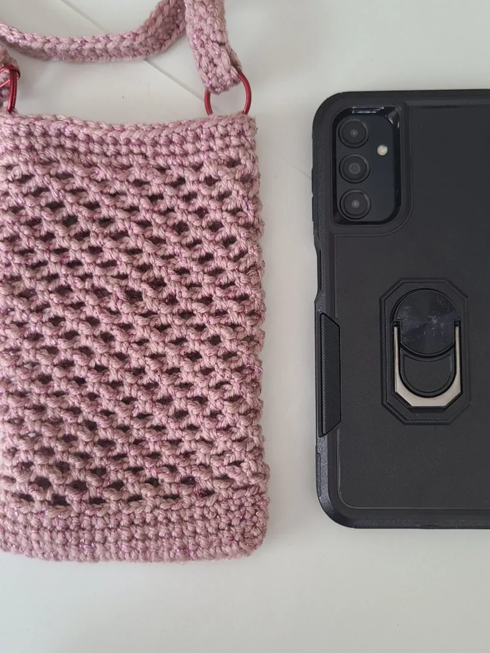 Handmade Hand Crochet Cell Phone Case Holder Crossbody Bag Dust Rose Charm
